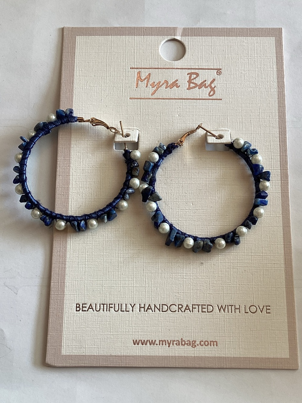 Myra Bag Navy Blue Beaded Hoop Earrings with Pearls